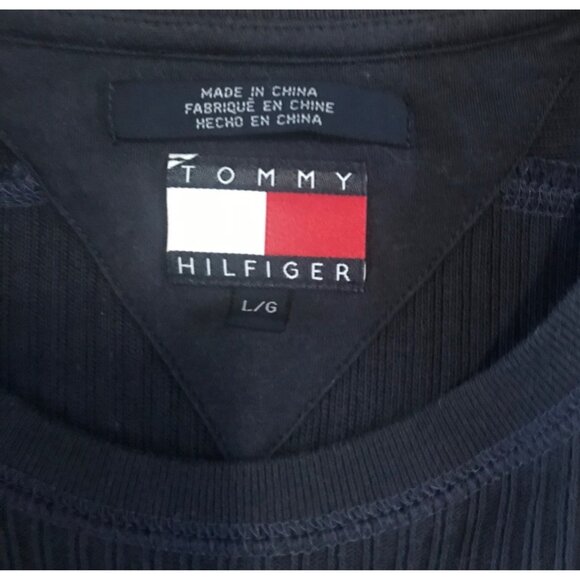 Tommy Hilfiger Sweater Ribbed Long Sleeve Crew Neck L/G Navy Blue Cotton Vintge - Picture 2 of 6